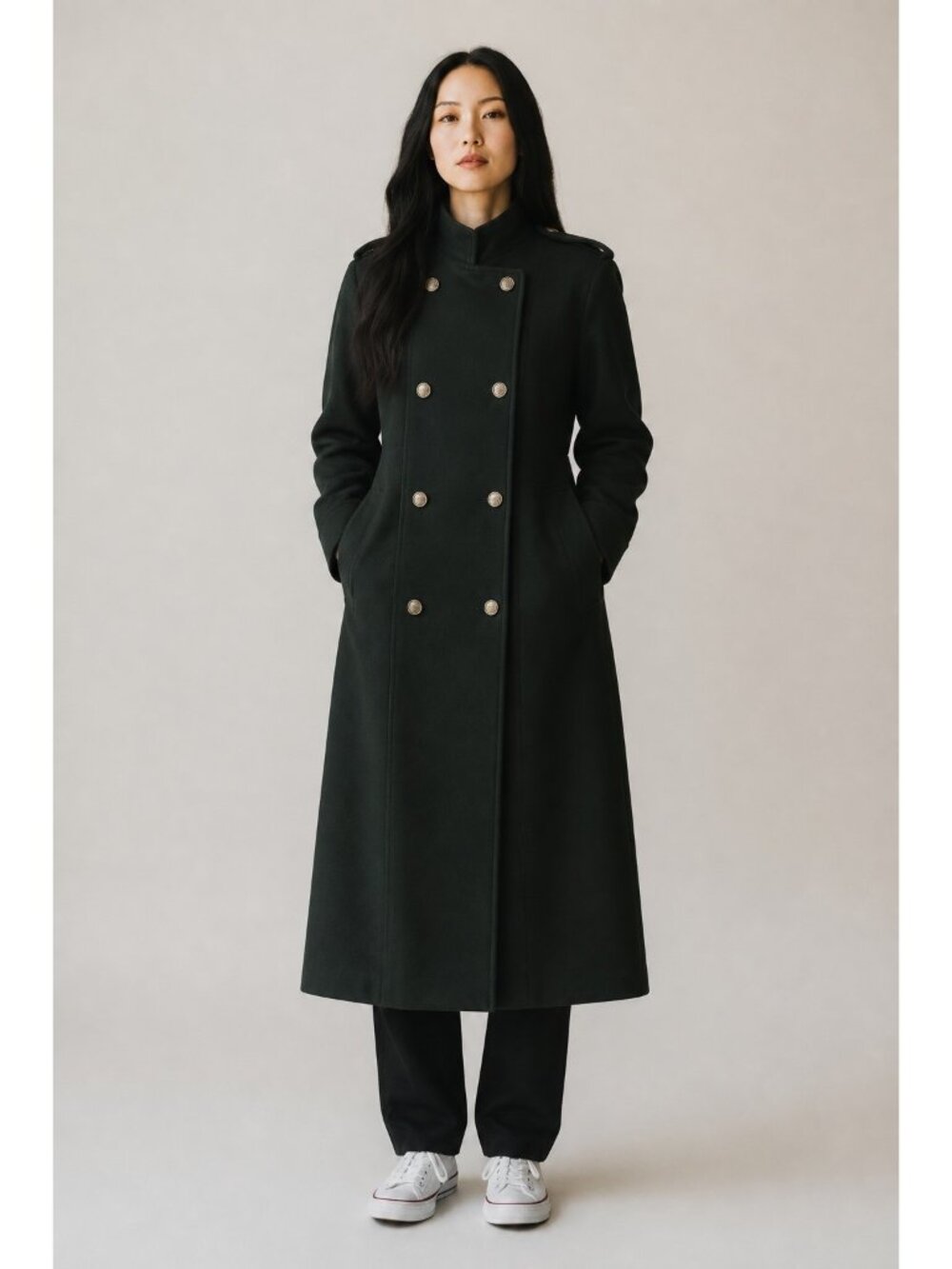 Vintage La Vogue Wool Double Breasted Trench Coat Womens L-XL Green Mock Neck